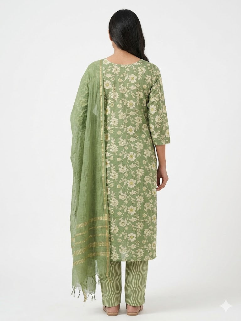Olive Green Floral Printed Cotton Kurta Set with Dupatta