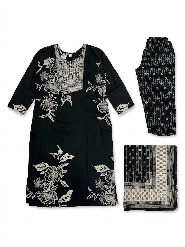 Black Floral Printed Cotton Kurta Set with Dupatta