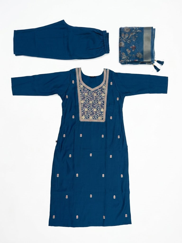 Women's Teal Blue Embroidered Straight Kurta Pant & Dupatta Set