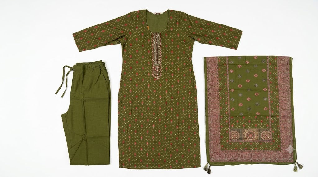 Olive Green Embroidered Cotton Kurta Set with Printed Dupatta