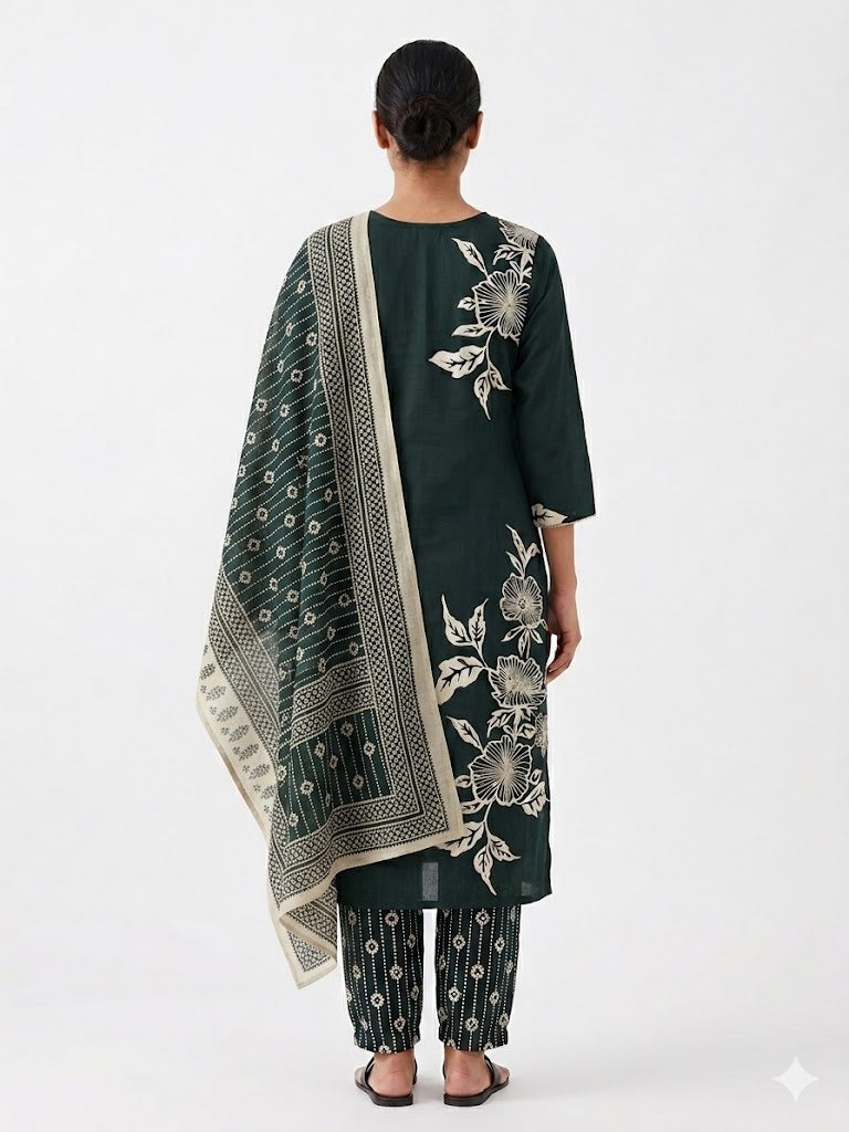 Teal Floral Printed Cotton Kurta Set with Dupatta
