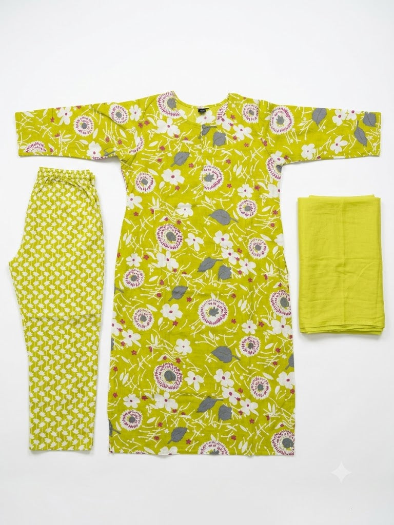 Lime Green Floral Printed Cotton Kurta Set with Dupatta