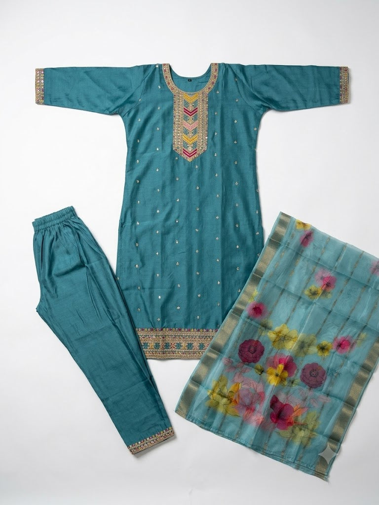 Sky Blue Embroidered Cotton Kurta Set with Floral Dupatta