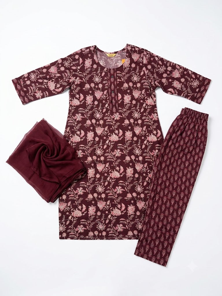 Maroon Floral Printed Cotton Kurta Set with Dupatta