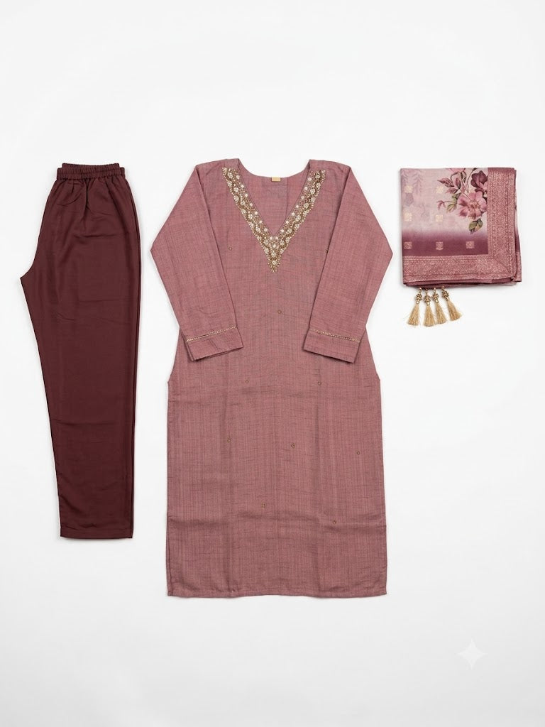 Women's Dusty Mauve Embroidered Kurta Pant with Floral Printed Dupatta | 3-Piece Ethnic Suit Set