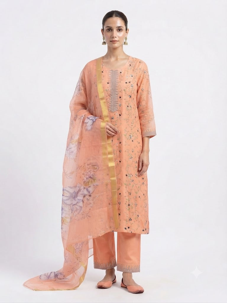 Peach Floral Printed Cotton Kurta Set with Organza Dupatta