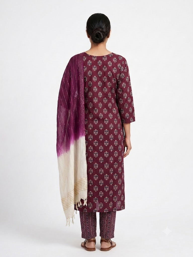 Wine Floral Printed Cotton Kurta Set with Ombre Dupatta
