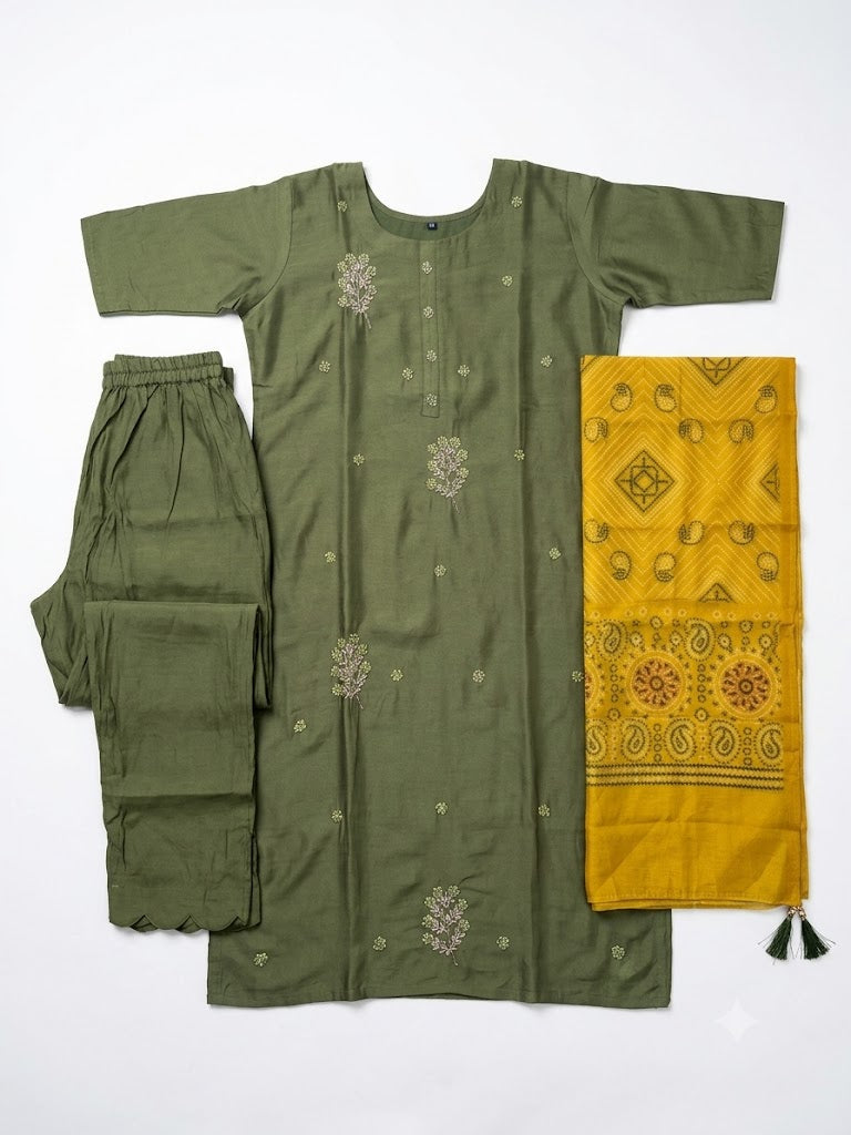 Olive Green Embroidered Cotton Kurta Set with Mustard Printed Dupatta