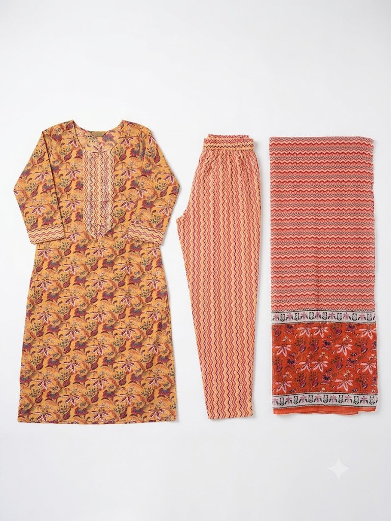 Mustard Floral Printed Cotton Kurta Set with Rust Dupatta