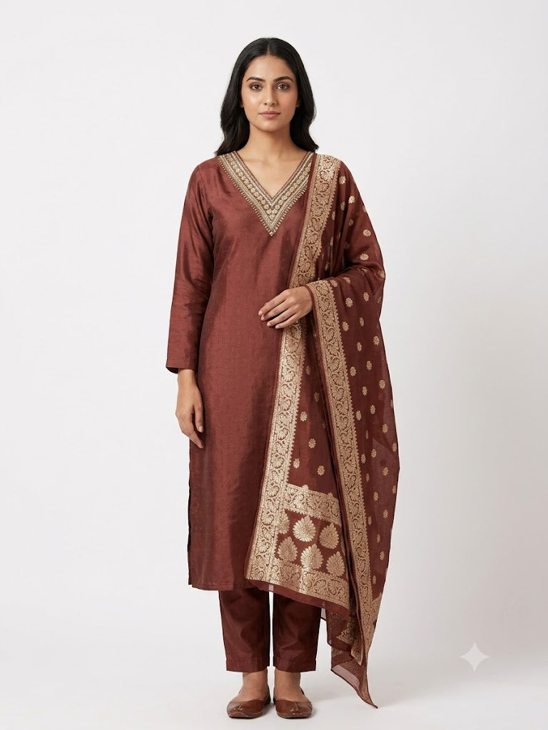 Rust Brown Embroidered Cotton Kurta Set with Jacquard Dupatta
