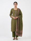 Olive Green Embroidered Cotton Kurta Set with Printed Dupatta