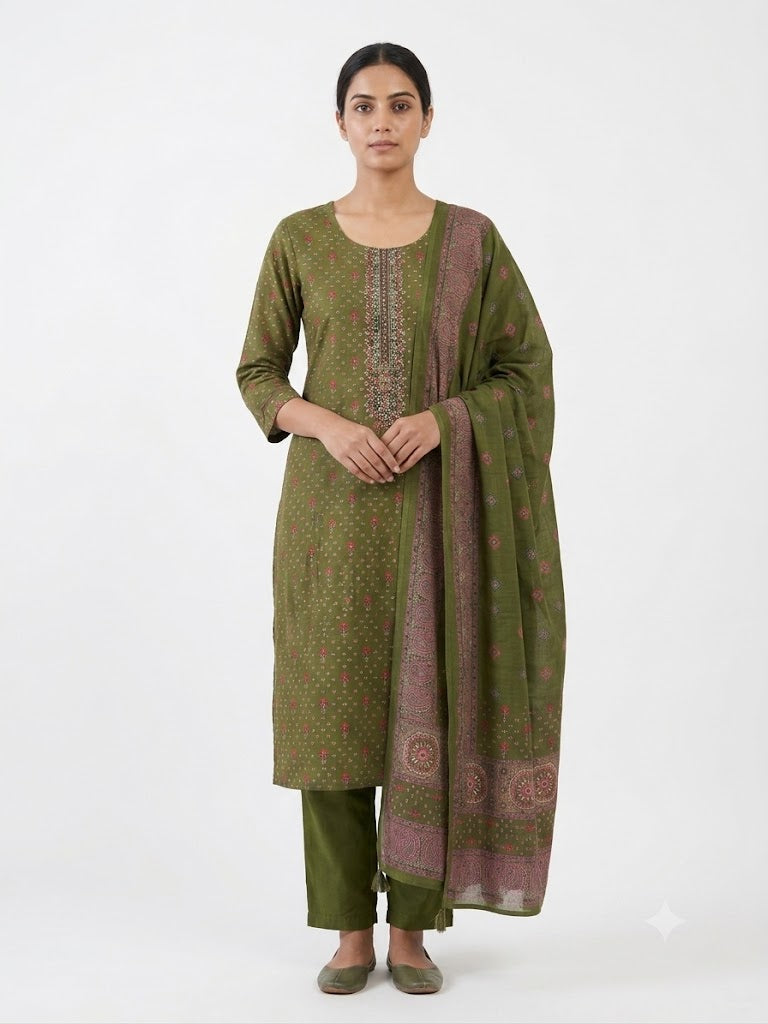 Olive Green Embroidered Cotton Kurta Set with Printed Dupatta