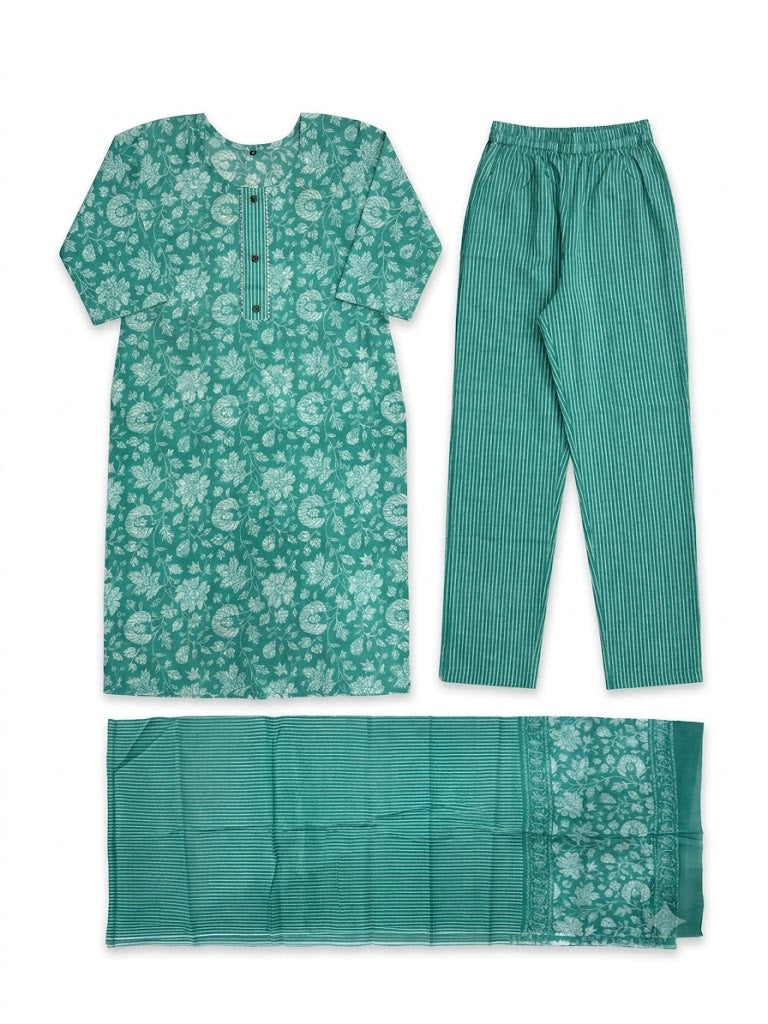 Aqua Blue Floral Printed Cotton Kurta Set with Dupatta