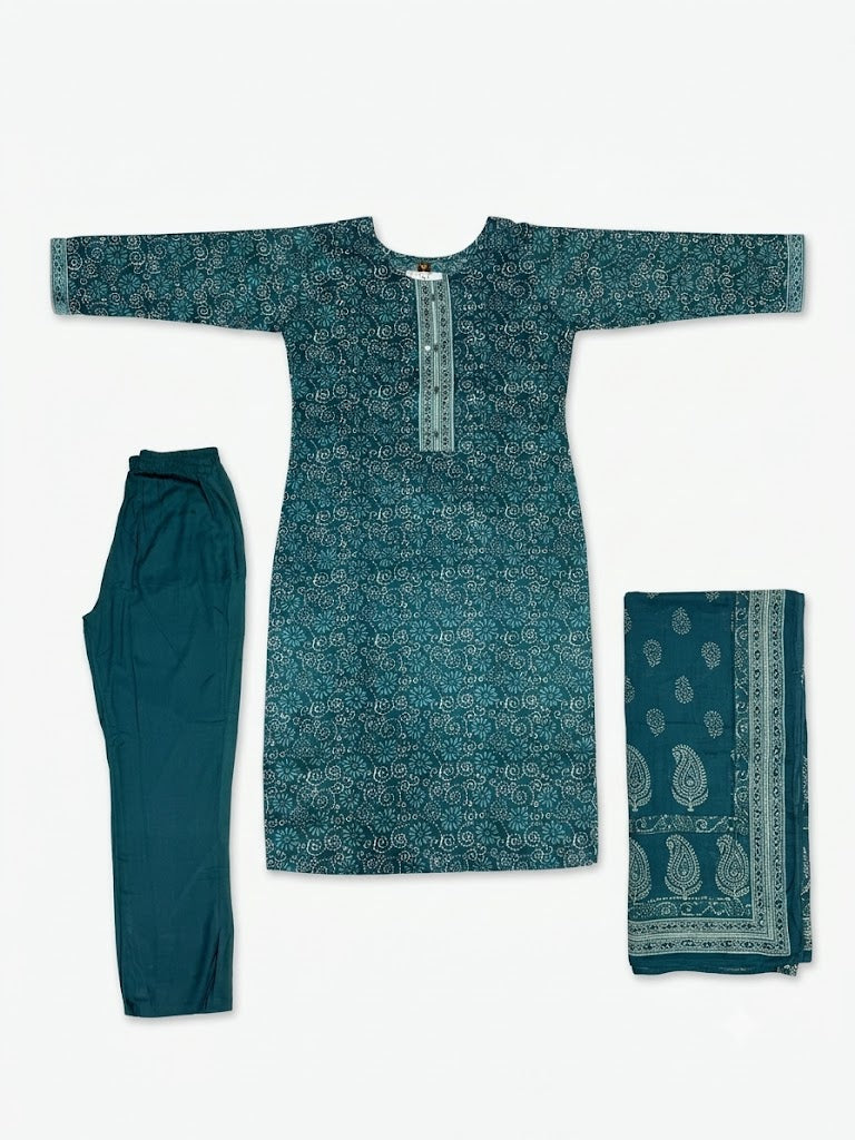 Women Deep Teal Ethnic Printed Kurta Set with Dupatta & Straight Pants | Elegant Traditional Wear