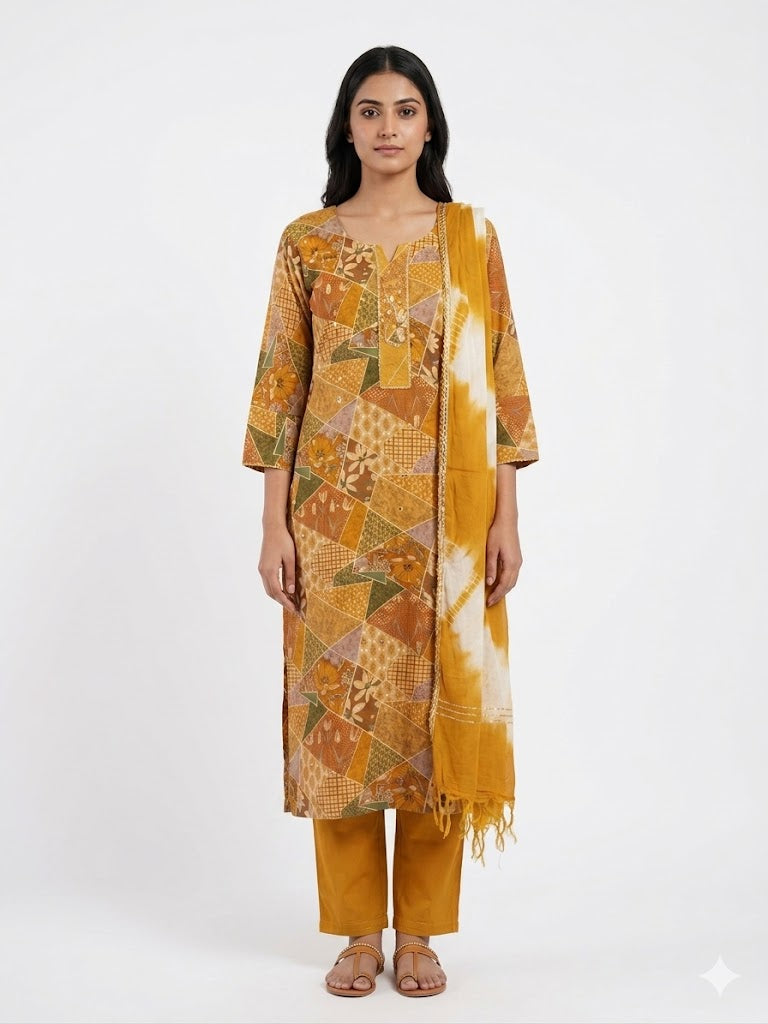 Mustard Patchwork Printed Cotton Kurta Set with Dupatta