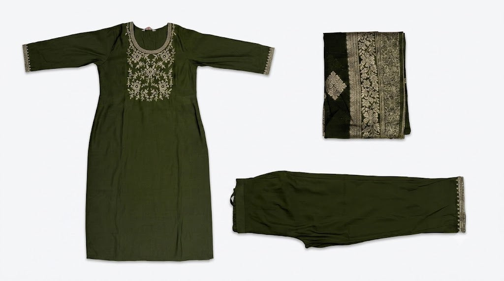 Women Olive Green Embroidered Kurta Set with Dupatta & Pants | Traditional Ethnic Suit