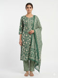 Sage Green Floral Printed Cotton Kurta Set with Dupatta