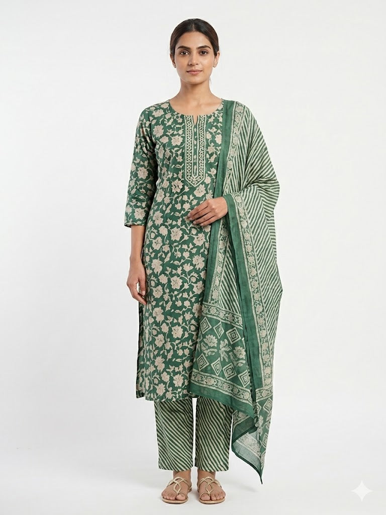 Sage Green Floral Printed Cotton Kurta Set with Dupatta