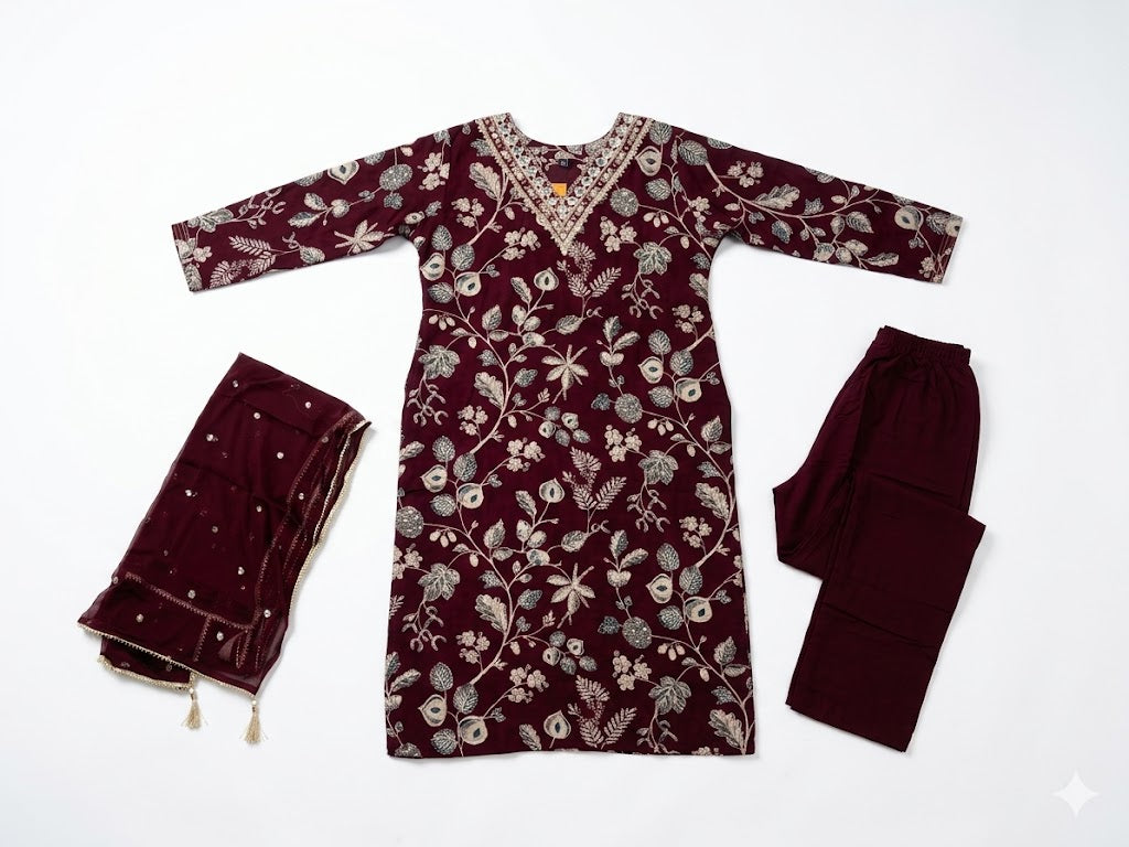 Wine Floral Printed Cotton Kurta Set with Dupatta