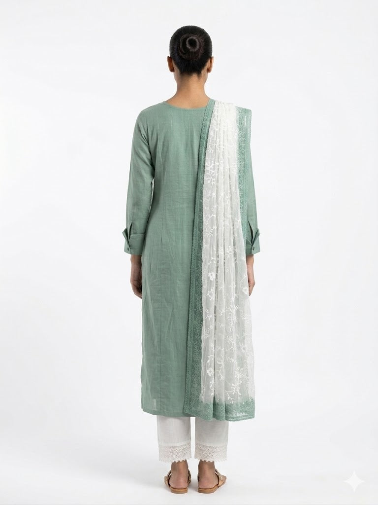 Sea Green Embroidered Cotton Kurta Set with Floral Dupatta