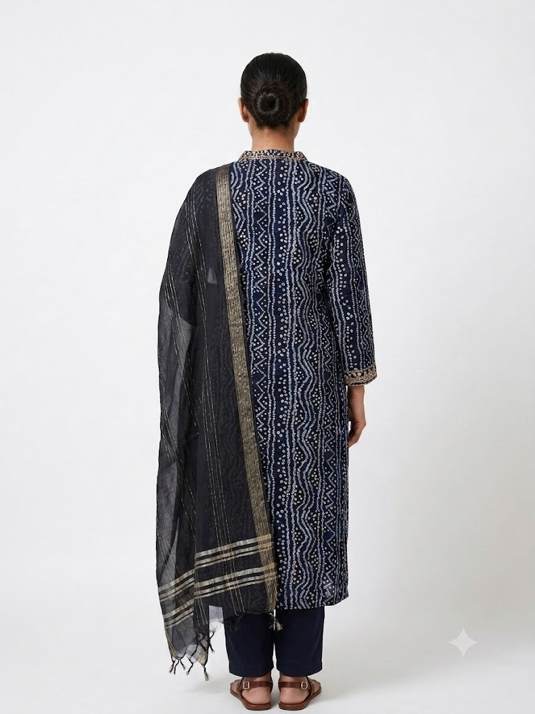 Navy Blue Geometric Printed Cotton Kurta Set with Dupatta