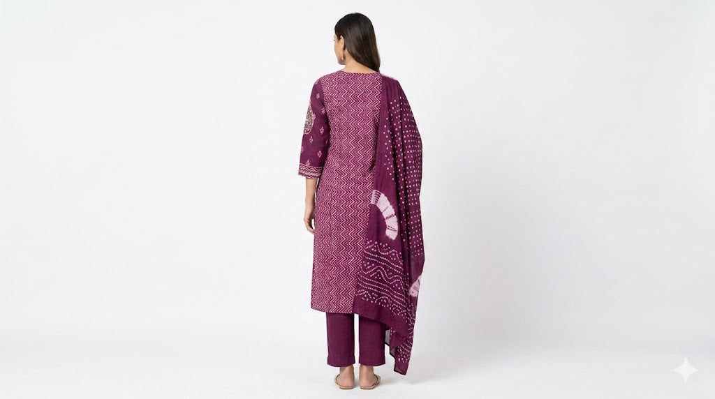 Plum Abstract Printed Cotton Kurta Set with Dupatta