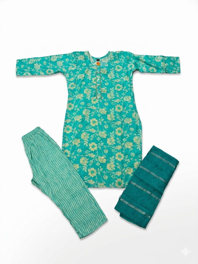 Aqua Blue Floral Printed Cotton Kurta Set with Dupatta