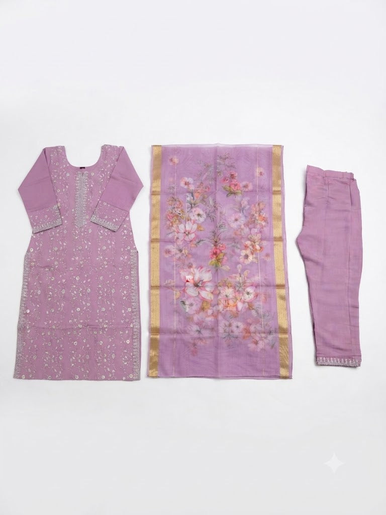 Lavender Embroidered Cotton Kurta Set with Organza Dupatta