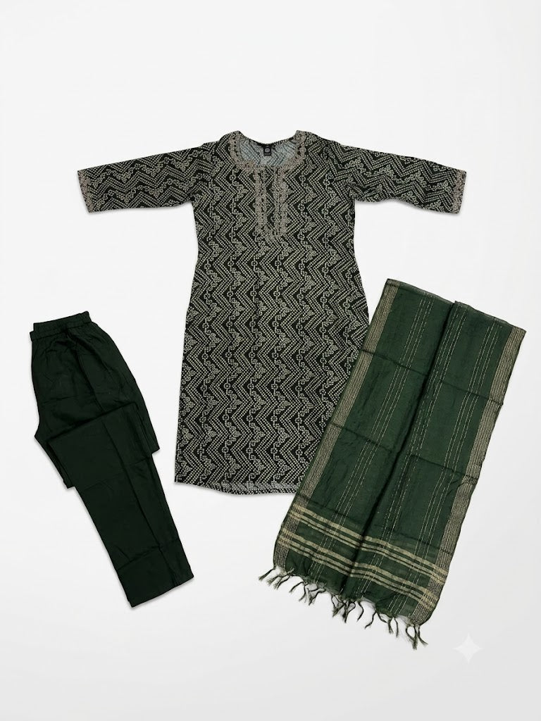 Olive Green Geometric Printed Cotton Kurta Set with Dupatta