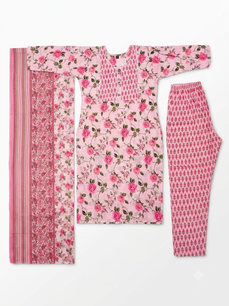 Blush Pink Floral Printed Cotton Kurta Set with Dupatta