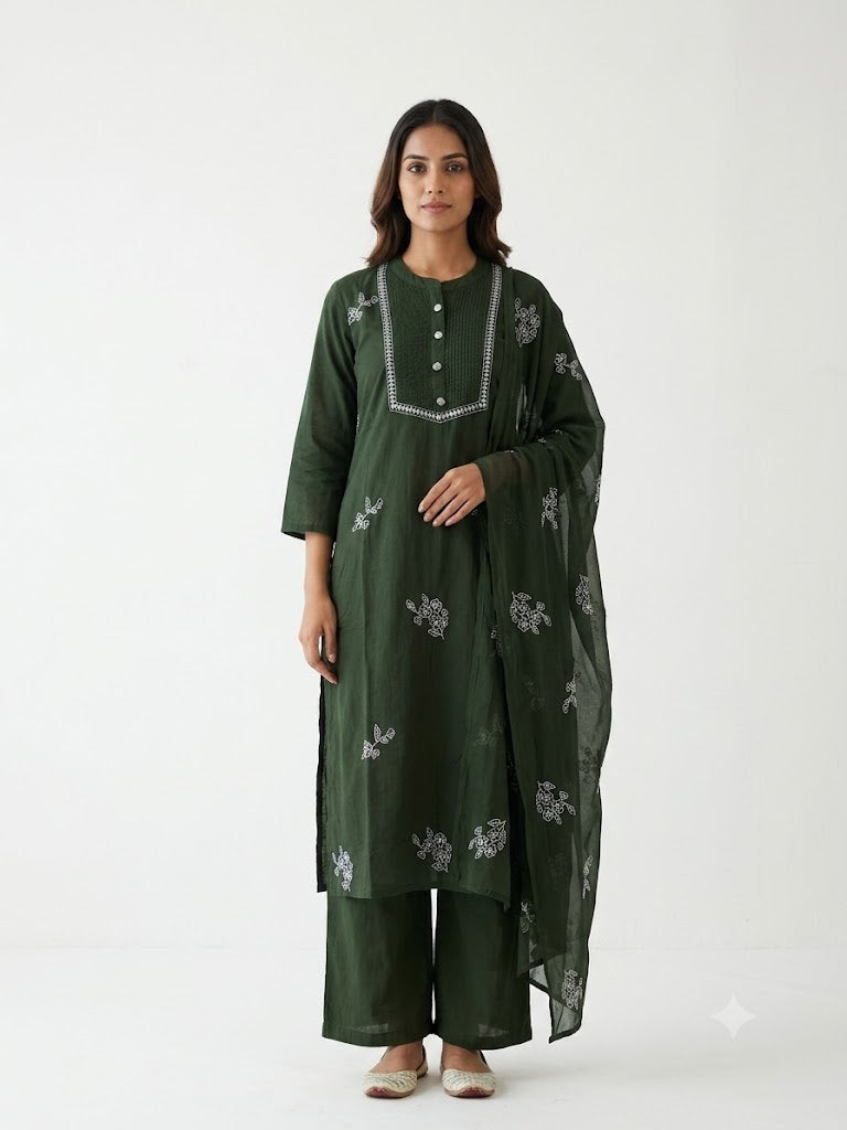 Women Dark Forest Green Embroidered Kurta Set with Dupatta & Pants | Festive Ethnic Wear