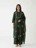 Women Dark Forest Green Embroidered Kurta Set with Dupatta & Pants | Festive Ethnic Wear