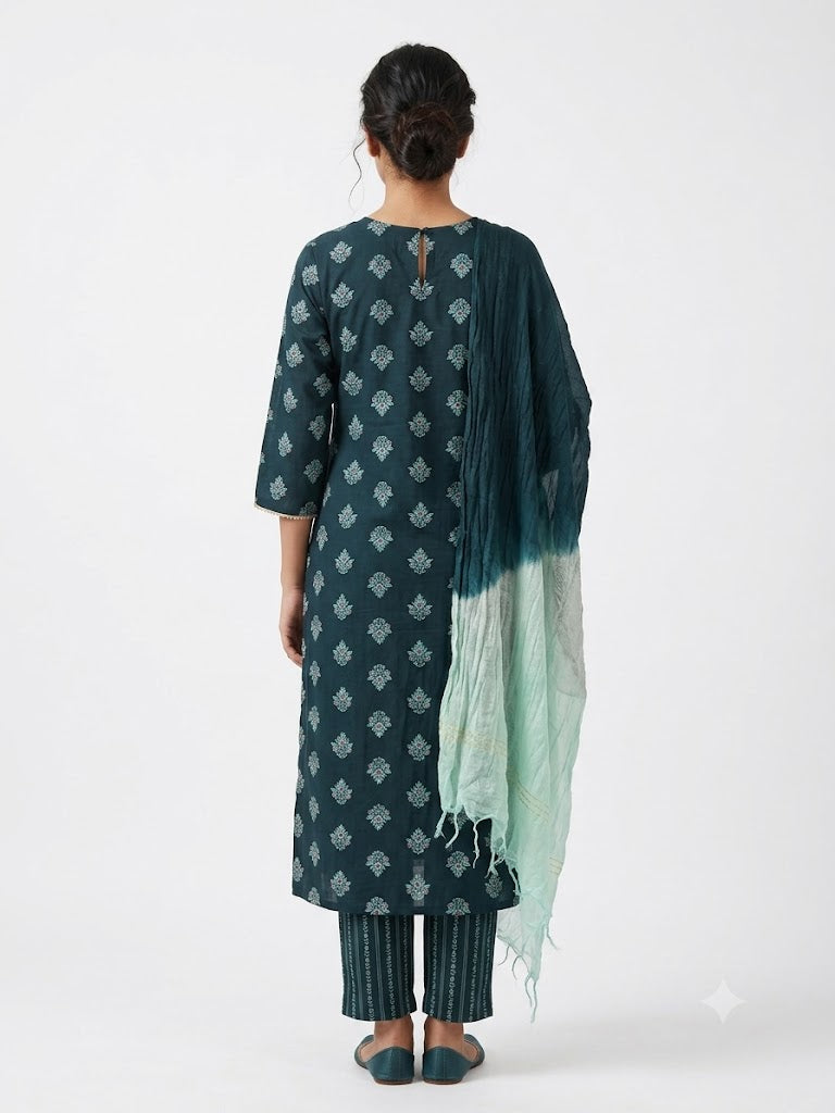 Teal Buti Printed Cotton Kurta Set with Ombre Dupatta