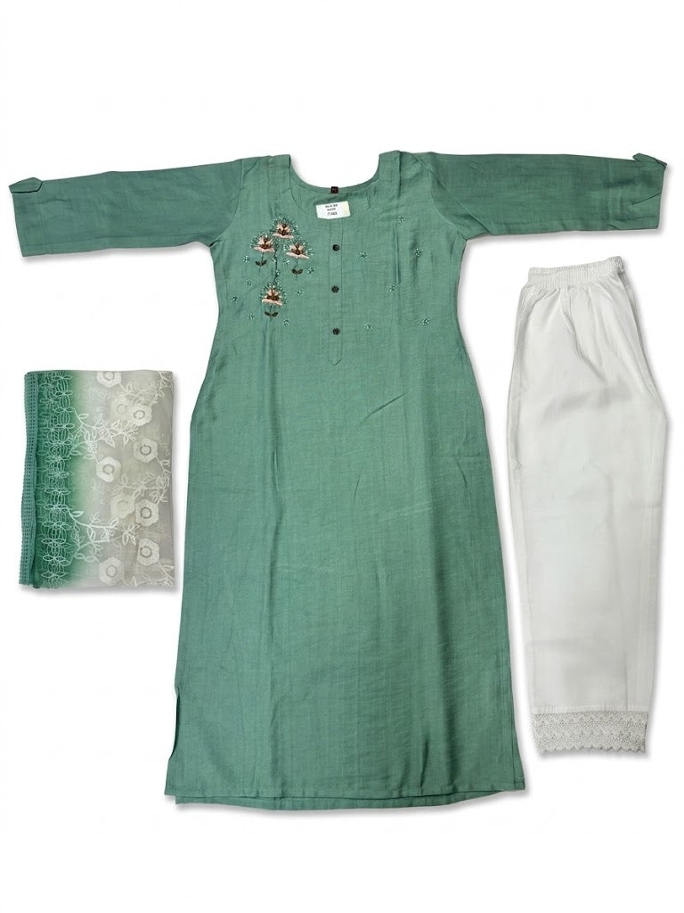 Sea Green Embroidered Cotton Kurta Set with Floral Dupatta