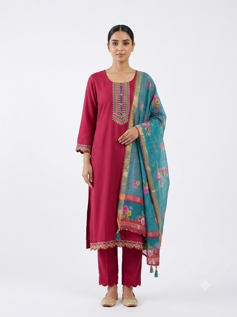 Women's Wine Embroidered Kurta Pant with Floral Printed Dupatta | 3-Piece Ethnic Suit Set