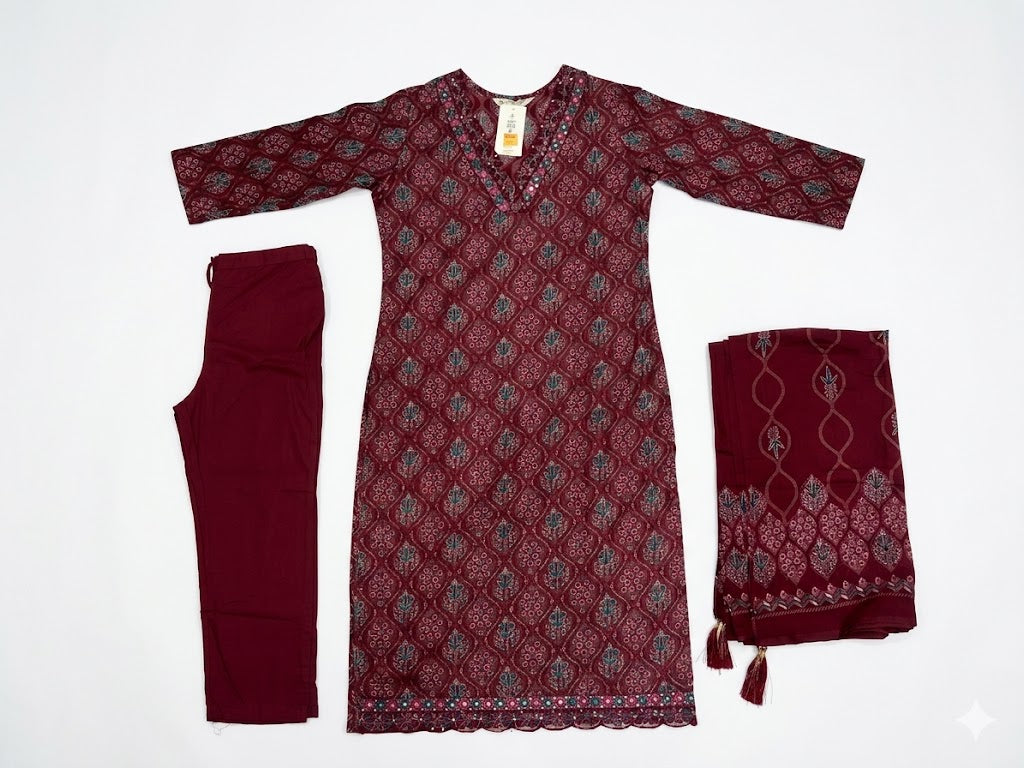 Maroon Floral Printed Cotton Kurta Set with Dupatta