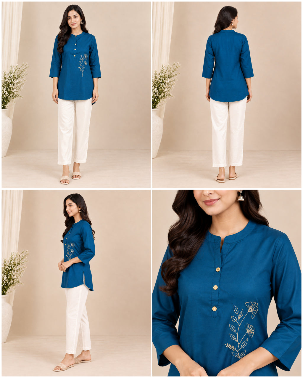 Floral Embroidered Women’s Cotton Slub Kurti Pant Set