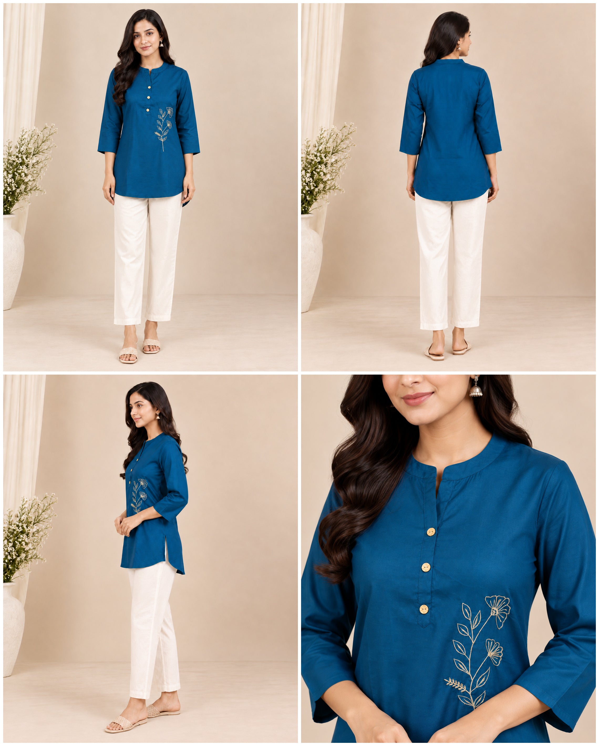 Floral Embroidered Women’s Cotton Slub Kurti Pant Set