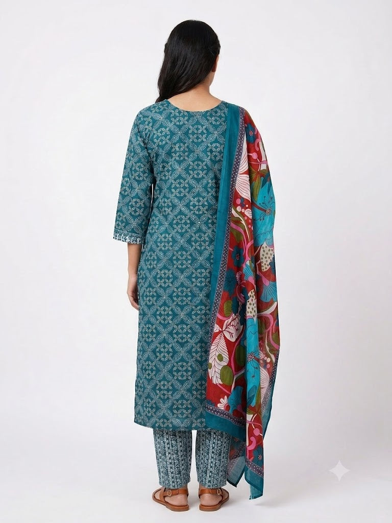 Teal Embroidered Cotton Kurta Set with Multicolor Floral Dupatta