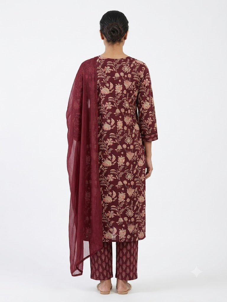 Maroon Floral Printed Cotton Kurta Set with Dupatta