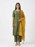 Olive Green Embroidered Cotton Kurta Set with Mustard Printed Dupatta