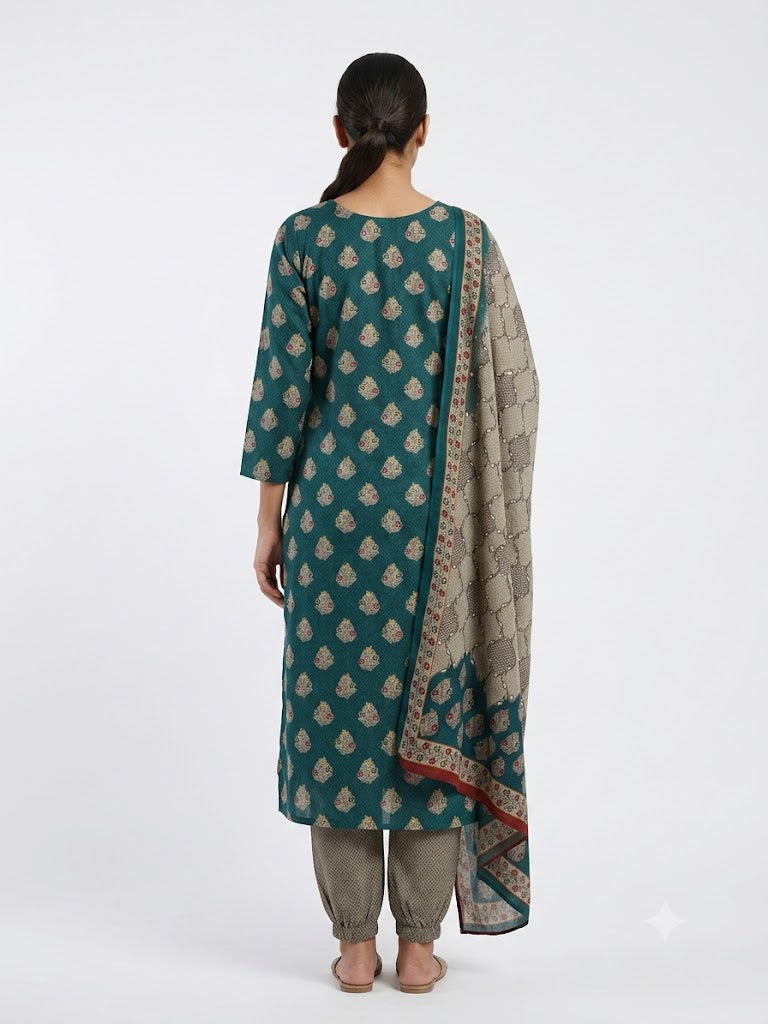 Teal Floral Printed Cotton Kurta Set with Dupatta