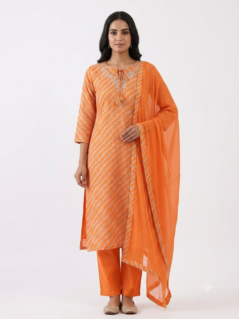 Orange Striped Cotton Kurta Set with Dupatta