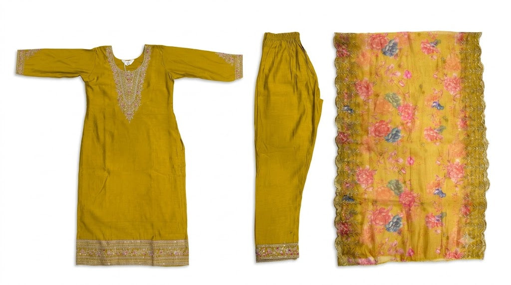 Mustard Embroidered Cotton Kurta Set with Floral Dupatta