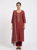 Maroon Ethnic Printed Cotton Kurta Set with Dupatta