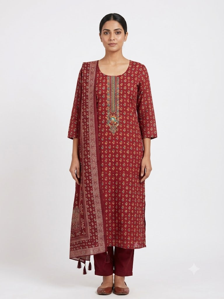 Maroon Ethnic Printed Cotton Kurta Set with Dupatta