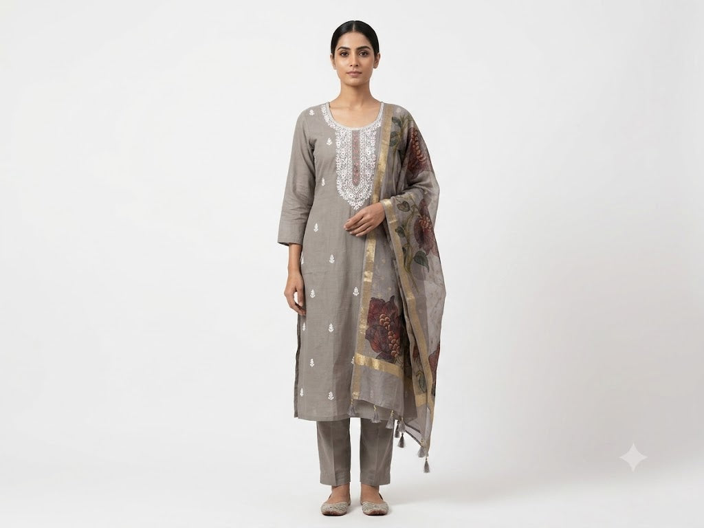Women's Grey Embroidered Straight Kurta Pant & Dupatta Set
