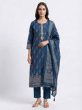 Navy Blue Ethnic Printed Cotton Kurta Set with Dupatta