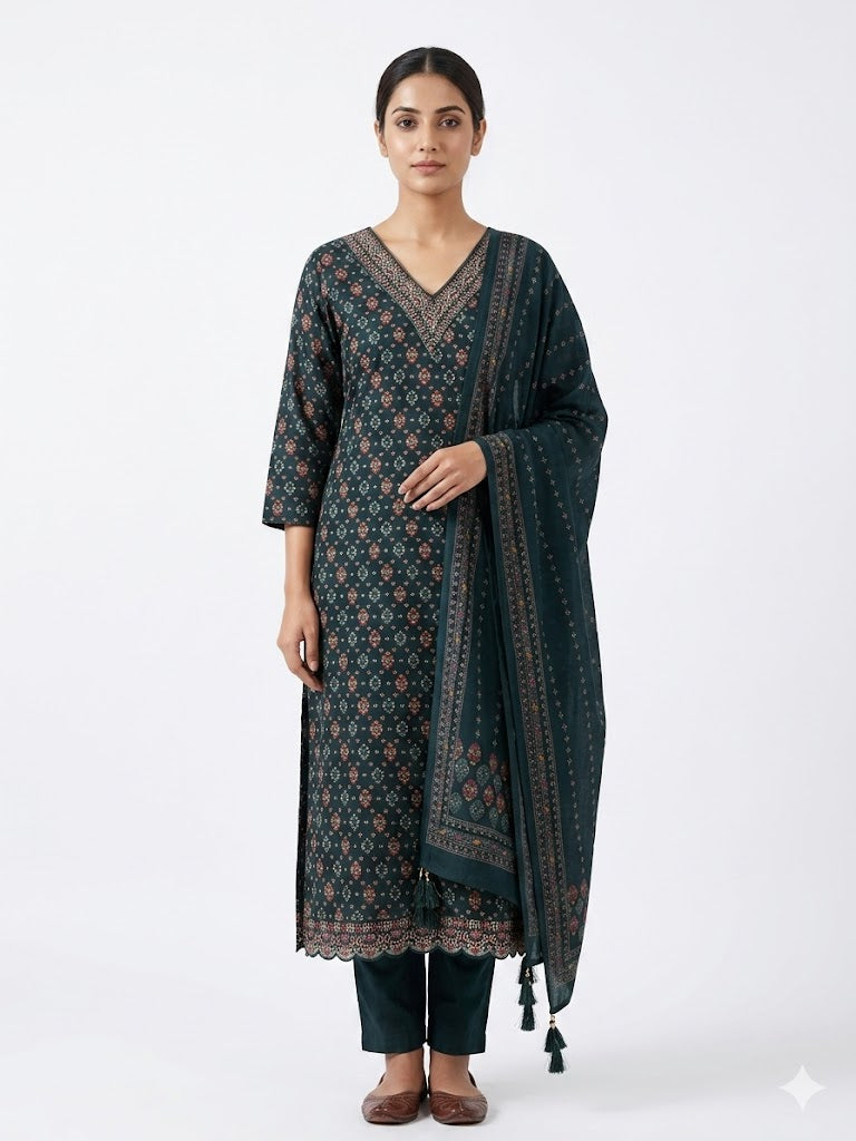 Dark Green Floral Printed Cotton Kurta Set with Dupatta