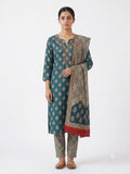 Teal Floral Printed Cotton Kurta Set with Dupatta